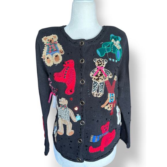 Vintage Susan Bristol Teddy Bear Applique Black Knit Cardigan Sweater Petite - Picture 1 of 13